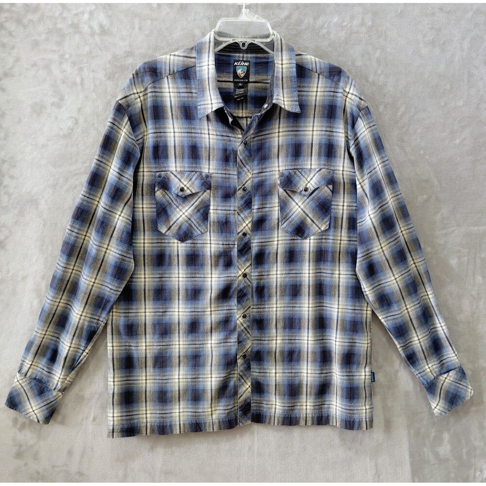 KUHL Pearl Snap Flannel Shirt Men's XL Chest Flap Pockets Blue Black Outdoor EUC